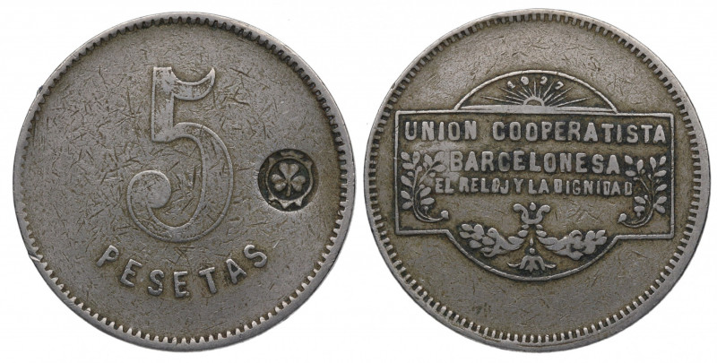 1927. Alfonso XIII (1886-1931). 5 Pesetas Unión Cooperatista Barcelona . Ni. 15,...