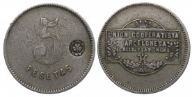 1927. Alfonso XIII (1886-1931). 5 Pesetas Unión Cooperatista Barcelona . Ni. 15,45 g. MBC / MBC+. Est.16.