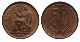 1937. II República (1931-1939). 50 Céntimos. A&C 27. Cu. 5,87 g. Buena acuñación. SC-. Est.20.