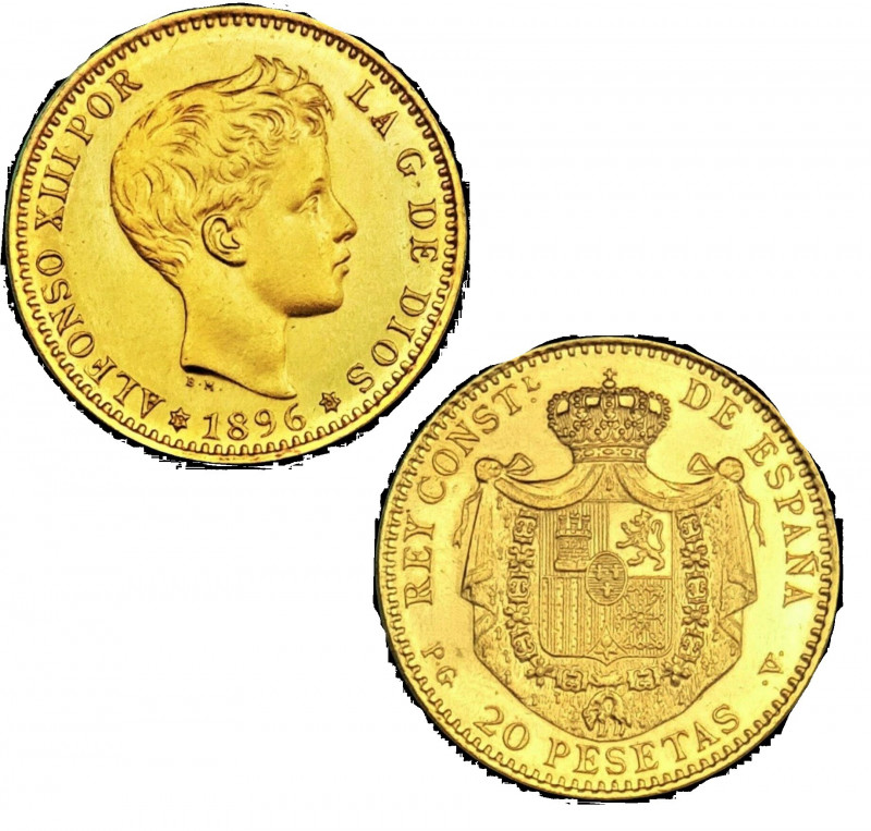 1896*61. Franco (1939-1975). Madrid. 20 pesetas. PGV. A&C 172. Au. Estrella esca...