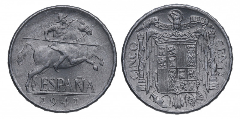 1941. Franco (1939-1975). 5 Céntimos. A&C 2. Cu. 1,17 g. Buena acuñación. SC. Es...