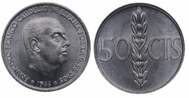 1966*67. Franco (1939-1975). 50 Céntimos. A&C 31. Cu-Ni. ERROR: Doble acuñación en reverso leyenda DE DIOS. FDC. Est.30.