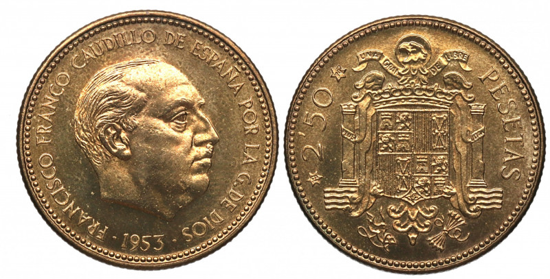 1953*70. Franco (1939-1975). Madrid. 2,5 Pesetas . A&C 89. Al-Cu. Procedente de ...