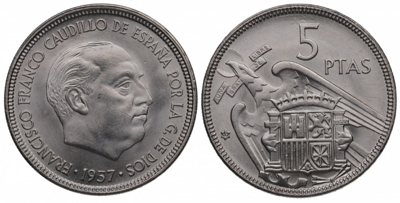 1957*61. Franco (1939-1975). 5 Pesetas. A&C 101. Cu. ERROR: Exceso de metal en P...