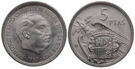 1957*61. Franco (1939-1975). 5 Pesetas. A&C 101. Cu. ERROR: Exceso de metal en PLUS. SC. Est.45.