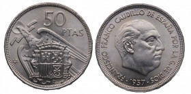 1957*71. Franco (1939-1975). 50 Pesetas. A&C 140. Ni. Pleno brillo original. SC. Est.20.