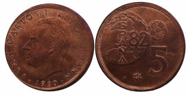 1980*80. Juan Carlos I (1975-2014). 5 Pesetas. Cu. 4,59 g. PRUEBA. Acuñación en cospel de cobre. Muy rara. SC. Est.150.