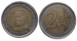 2001. Juan Carlos I (1975-2014). 2 Euros. A&C 299. ERROR: Acuñación desplazada, canto de corona y núcleo irregular. EBC. Est.45.