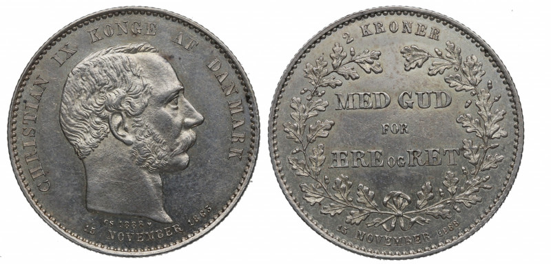 1888. Dinamarca. Christian IX. 2 Kroner. Ag. 15,03 g. SC-. Est.150.