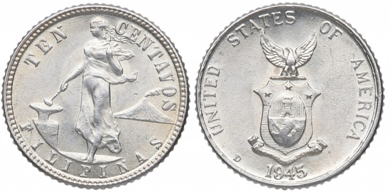 1945-D. Filipinas. 10 Centavos. Ag. 2,04 g. Acuñada en EEUU. SC. Est.50.