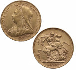 1899. Gran Bretaña. Victoria. 1 Libra. Au. 7,98 g. Antiguo retrato de la Reina Victoria de Inglaterra con velo. Marca identificadora en anverso y rev....