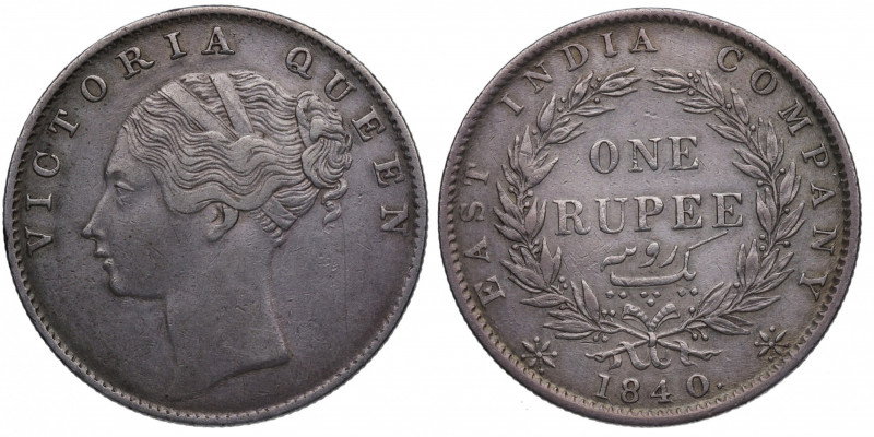 1840. India. Victoria. 1 Rupia. Ag. 11,63 g. Efigie Joven. MBC+. Est.35.