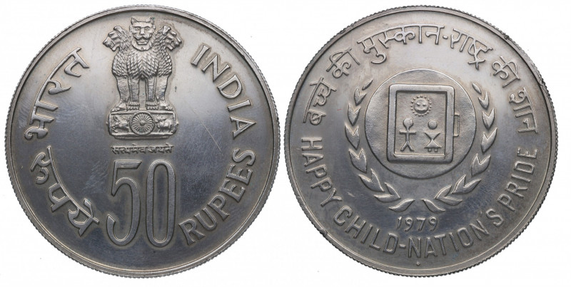 1979. India. 50 Rupias. Ag. 35,03 g. Happy Child-Nation´s Pride. SC-. Est.65.