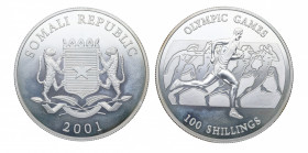 2001. Repbública de Somalia. 100 Shillings. Ag. 31,05 g. Olimpic Games. PROOF. Est.55.