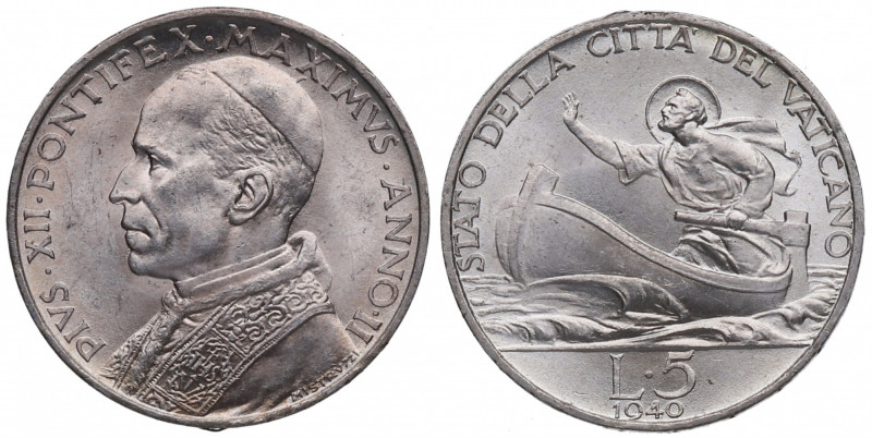 1940. Vaticano. Pio XII. 5 Liras. Ag. 5,02 g. Año II. SC. Est.60.