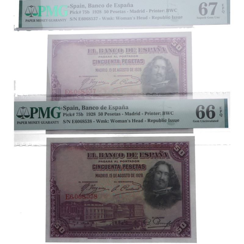 1928. Alfonso XIII (1886-1931). 50 Pesetas. Pick# 75b. PAREJA CORRELATIVA. Encap...