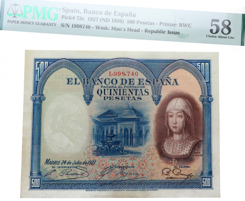 1927. II República (1931-1939). Madrid. 500 Pesetas. Pick# 73c. Encapsulado por ...