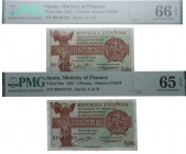 1937. II República (1931-1939). 1 Peseta. Pick# 94a. PAREJA CORRELATIVA. Encapsulados por PMG en 65 y 66 EPQ. SC. Est.80.