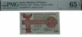 1937. II República (1931-1939). 1 Peseta. Pick# 94a. Encapsulado por PMG en 65 EPQ. SC. Est.60.