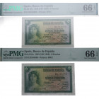 1935. II República (1931-1939). 5 Pesetas. Pick# 86a. Pareja correlativa.Encapsulados por PMG en 67 EPQ. SC. Est.80.
