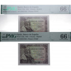 1945. Estado Español (1936-1975). 1 Peseta. Pick# 128a. Pareja correlativa. Encapsulados por PMG en 66 EPQ. SC. Est.70.