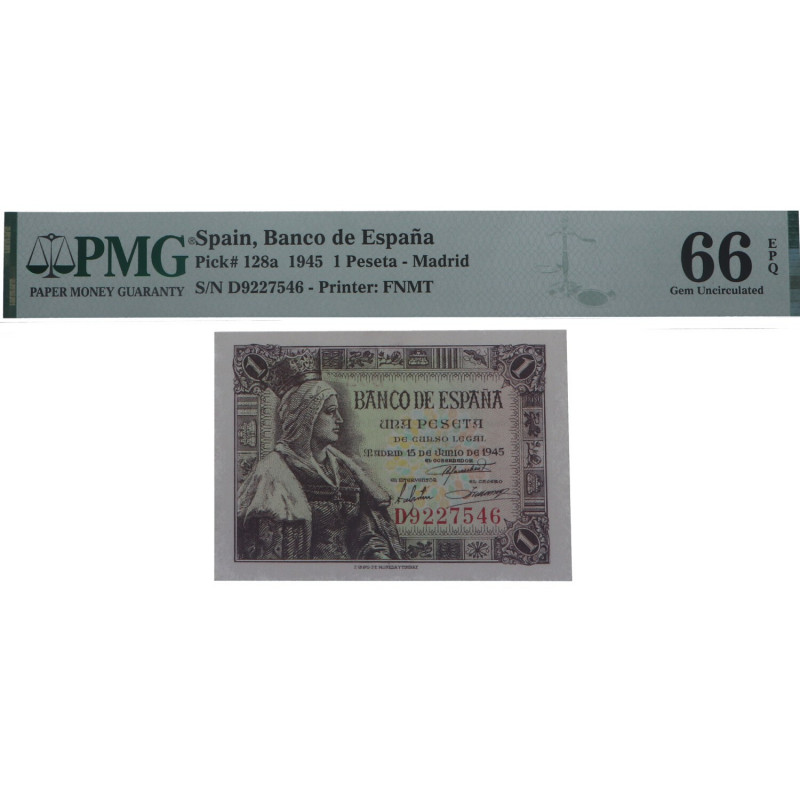 1945. Estado Español (1936-1975). 1 Peseta. Pick# 128a. Encapsulado por PMG en 6...