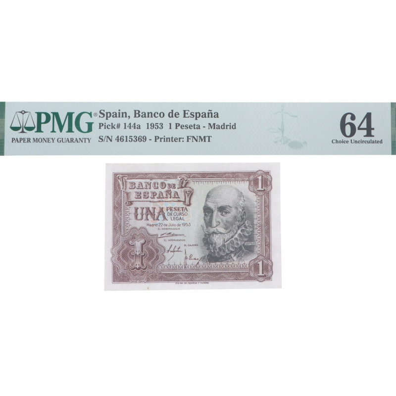 1953. Estado Español (1936-1975). Madrid. 1 Peseta. Pick# 144a. SIN SERIE. Encap...