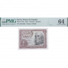 1953. Estado Español (1936-1975). Madrid. 1 Peseta. Pick# 144a. SIN SERIE. Encapsulado por PMG en 64. SC. Est.60.