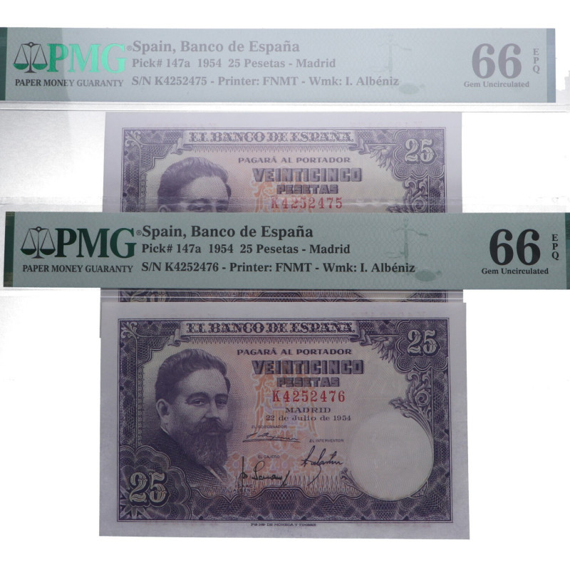 1954. Estado Español (1936-1975). 25 Pesetas. Pick# 147a. Pareja correlativa. En...