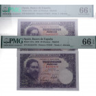 1954. Estado Español (1936-1975). 25 Pesetas. Pick# 147a. Pareja correlativa. Encapsulados por PMG en 66 EPQ. SC. Est.90.