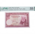 1951. Estado Español (1936-1975). Madrid. 50 Pesetas. Pick# 141a. SIN SERIE. Encapsulado por PMG en 55 EPQ. EBC+. Est.140.