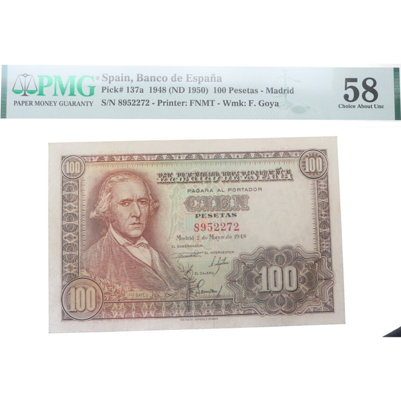1948. Estado Español (1936-1975). 100 Pesetas. Pick# 137a. SIN SERIE. Encapsulad...