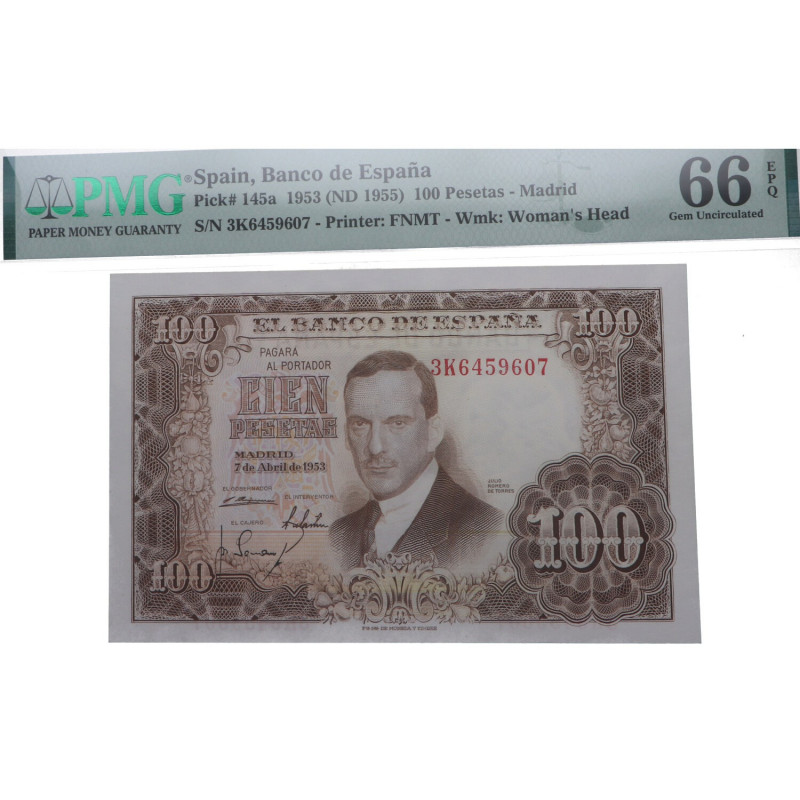 1953. Estado Español (1936-1975). 100 Pesetas. Pick# 145a. Encapsulado por PGM e...