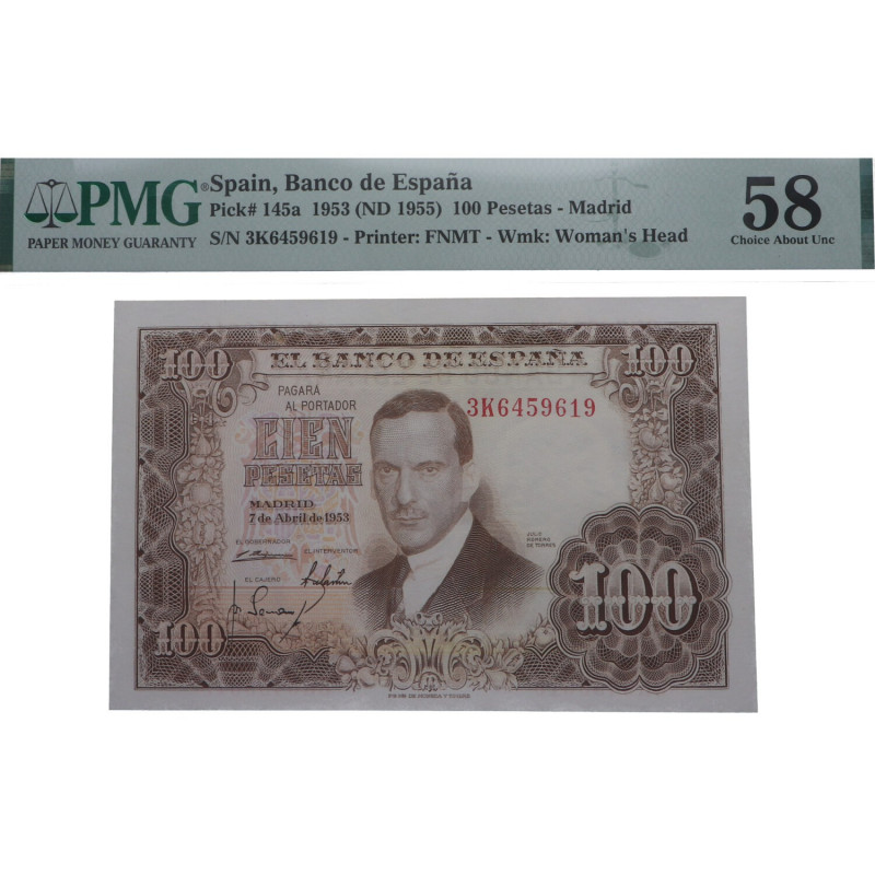 1953. Estado Español (1936-1975). 100 Pesetas. Pick# 145a. Encapsulados por PMG ...