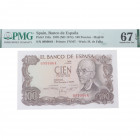 1970. Estado Español (1936-1975). 100 Pesetas. Pick# 152a. SIN SERIE. Encapsulado por PMG en 67 EPQ. SC. Est.100.