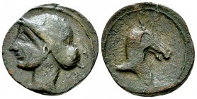Punic Spain AE Unit, c. 237-209 BC 

Spain, Punic Spain. AE Unit (22 mm, 8.20 g), c. 237-209 BC.
Obv. Wreathed head of Tanit left.
Rev. Horse’s he...