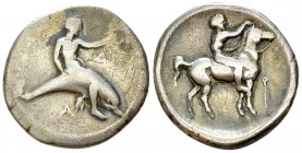 Tarentum AR Nomos, c. 415-390 BC 

Calabria, Tarentum . AR Nomos (22-23 mm, 7.54 g), c. 415-390 BC.
Obv. TAPAΣ, Phalanthos astride dolphin right; b...