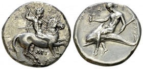 Tarentum AR Nomos, c. 315-302 BC 

Calabria, Tarentum . AR Nomos (21-22 mm, 7.81 g), c. 315-302 BC.
Obv. Nude warrior, holding two spears and prepa...