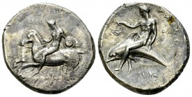 Tarentum AR Nomos, c. 302-280 BC 

Calabria, Tarentum . AR Nomos (21-22 mm, 7.73 g), c. 302-280 BC.
Obv. Nude warrior, shield on left arm, on horse...