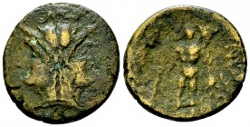 Uxentum AE As, c. 125-90 BC 

 Calabria, Uxentum. AE As (21-23 mm, 8.42 g), c. 125-90 BC.
Obv. Janiform head.
Rev. [OZAN], Herakles standing right...