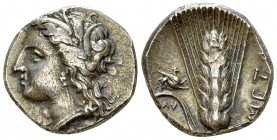 Metapontum AR Nomos, c. 330-290 BC 

Lucania, Metapontum . AR Nomos (18-20 mm, 7.83 g), c. 330-290 BC.
Obv. Wreathed head of Demeter left, wearing ...
