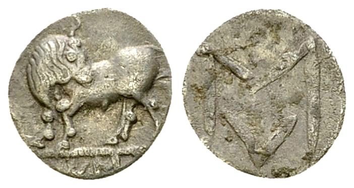 Sybaris AR Obol, c. 550-510 BC 

Lucania, Sybaris . AR Obol (9 mm, 0.43 g), c....