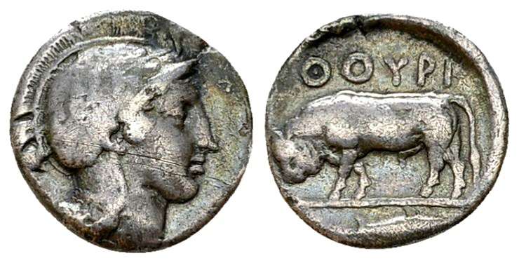 Thurium AR Diobol, c. 443-400 BC, rare 

Lucania, Thurium . AR Diobol (11 mm, ...