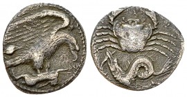 Akragas AR Hemidrachm, c. 425-406 BC 

 Sicily, Akragas . AR Hemidrachm (15-16 mm, 1.84 g), c. 425-406 BC.
Obv. Eagle right, clutching dead hare in...