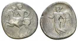 Himera AR Hemidrachm, c. 450-420 BC 

Sicily, Himera . AR Hemidrachm (14-15 mm, 1.93 g), c. 450-420 BC.
Obv. Nude rider, holding conch shell and ca...