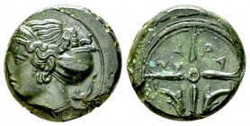 Syracuse AE Hemilitron, c. 405 BC 

 Sicily, Syracuse . AE Hemilitron (15 mm, 3.82 g), c. 405 BC.
Obv. Head of Arethusa left, hair in ampyx and sph...