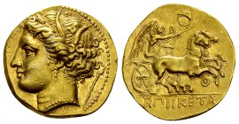 Hiketas II AV Dekadrachm, c. 279/8 BC 

Syracuse, Sicily. Hiketas II (287-278 BC). AV 60 Litrai - Dekadrachm (16-17 mm, 4.26 g), c. 279/8 BC.
Obv. ...