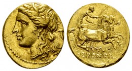 Hieron II AV Dekadrachm 

Sicily, Syracuse. Hieron II (274-216 BC). AV 60 Litrai or Dekadrachm (14-15 mm, 4.30 g), 274-216 BC.
Obv. Wreathed head o...