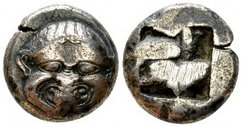 Neapolis AR Stater, c. 500-480 BC 

 Neapolis , Macedon. AR Stater (18 mm, 9.31 g), c. 500-480 BC.
Obv. Facing head of a Gorgon with a protruding t...
