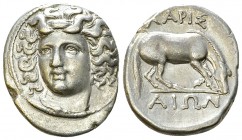 Larissa AR Drachm, c. 356-342 BC 

Thessaly, Larissa . AR Drachm (18-20 mm, 5.91 g), c. 356-342 BC. Obv. Head of the nymph Larissa facing slightly l...